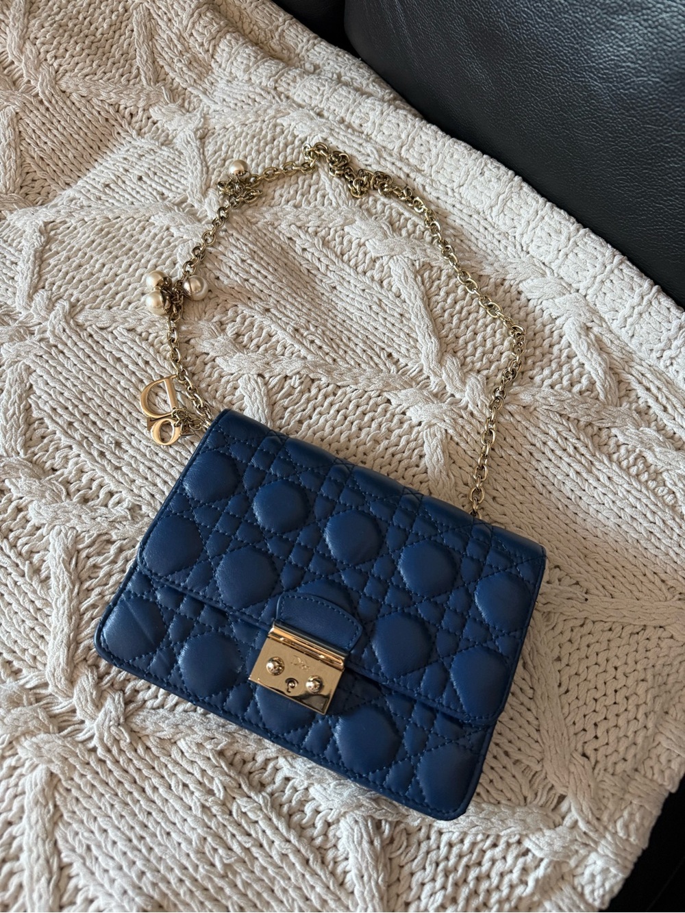 Navy Quilted Leather Crossbody with Gold Chain